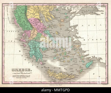 . Anglais : un bel exemple de Finley est important 1827 Plan de la Grèce. Montre à partir de la Macédoine à la Grèce et comprend bon nombre des îles grecques. Présente les villes, d'eau, les routes, les monastères, et certaines caractéristiques topographiques. Codage couleur offre au niveau régional. Le titre et l'échelle dans le quart inférieur gauche. Gravée par les jeunes et pour l'édition 1827 Delleker de Anthony Finley's Atlas général . La Grèce.. 1827 (sans date). 1827 Carte de Grèce - finement Geographicus - Grèce-finley-1827 Banque D'Images