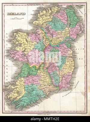 . Anglais : c'est souhaitable de Finley 1827 site de l'Irlande. Montre d'eau, de routes, de canaux, et certaines caractéristiques topographiques. Codage couleur définit les quatre provinces, ainsi que les nombreuses divisions du comté traditionnel. Mille balances et titre en haut à gauche. Gravée par les jeunes et pour l'édition 1827 Delleker de Anthony Finley's Atlas général . L'Irlande.. 1827 (sans date). 1827 Finley Site de l'Irlande - Irlande - Geographicus-finley-1827 Banque D'Images