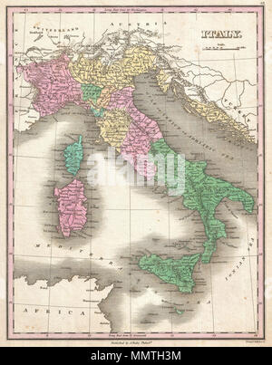 . Anglais : c'est souhaitable de Finley 1827 Carte de l'Italie. Représente la péninsule italienne de la Suisse et de l'Autriche à la Sicile et Malte. Comprend les îles de Sardaigne et Corse ainsi que de l'autre côté de l'Adriatique Dalmatie. Montre d'eau, de routes, de canaux, et certaines caractéristiques topographiques. L'Italien est antérieur au mouvement Solidarité et par conséquent, la péninsule est divisée en un ensemble de royaumes, duchés, soviétiques et de membres. Codage couleur définit les divisions régionales traditionnelles. Mille balances et titre en quadrant supérieur droit. Gravée par les jeunes et pour l'édition 1827 Delleker d'Anth Banque D'Images