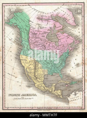 . Anglais : c'est souhaitable de Finley 1827 Carte de l'Amérique du Nord. Couvre le continent du Panama vers le cercle arctique, y compris le Groenland, l'Islande, et la pointe nord-ouest de l'Asie. Codage par couleur selon les pays. Les demandes des États-Unis montre à la Colombie-Britannique avant l 1818 compromis que la limite fixée au 49e parallèle. Ajouté par compromis frontière propriétaire initial dans l'annotation manuscrite. Montre également des allégations du Mexique à la Californie, ici appelée Nouvelle Albion et territoire inexploré. Finley curieusement deux lacs des graphiques dans le Grand Bassin, un libellé et un autre plus petit la Timpanagos Banque D'Images