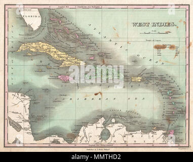 . Anglais : c'est souhaitable de Finley 1827 site des Antilles et des Caraïbes. Montre la plus grande et Petites Antilles, ainsi que les Bahamas et des parties de l'espagnol. Les îles sont des codes de couleur en fonction de leurs prestataires européens. Présente les villes, des forts, des baies, des rivières, des routes, et certaines caractéristiques topographiques. Les Bahamas, il Guanaham ou Finley identifie l'île Cat, le premier terrain dans le Nord d'être aperçue par Christophe Colomb. Mille balances et titre en quadrant supérieur droit. Gravée par les jeunes et pour l'édition 1827 Delleker de Anthony Finley's Atlas général . Antilles.. 1827 (sans date). 1827 F Banque D'Images