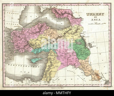 . Anglais : un bel exemple de Finley est important 1827 Carte de la Turquie en Asie. Couvre les terres revendiquées par l'Empire ottoman au début du 19e siècle. Il s'agit notamment de l'ONU jour moderne de la Turquie, la Géorgie, l'Irak, Liban, Syrie, Jordanie, Chypre, la Palestine et Israël. Montre la limite entre l'Europe et l'Asie. Codage couleur offre au niveau régional. Le titre et l'échelle dans le quadrant supérieur droit. Gravée par les jeunes et pour l'édition 1827 Delleker de Anthony Finley's Atlas général . La Turquie en Asie.. 1827 (sans date). Finley 1827 Carte de la Turquie d'Asie, de l'Iraq et Israël - Palestine - Geographicus Banque D'Images