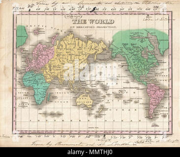 . Anglais : c'est souhaitable de Finley 1827 carte du monde. Couvre l'ensemble du monde sur une projection de Mercator. Identifie les déserts, rivières, de nombreux pays et de nombreuses villes. Couleur codée selon le continent avec l'Australie (New Holland) attaché à l'Asie. Ne montre pas l'Antarctique, mais ne s'identifier à Shetland du Sud au nord du cercle arctique. Le propriétaire initial a ajouté autographe annotations à l'marges supérieure et inférieure (l'extension dans le plan en brièvement partie supérieure). Cette annotation, dans un fluide en 19e siècle, le script affiche les fuseaux horaires de Washington (marge supérieure) et de Londres Banque D'Images