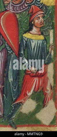 . Anglais : (frontières rognées) xive siècle, manuscrit grec miniature représentant des scènes de la vie d'Alexandre le Grand. La fin de l'ère byzantine de la classe ouvrière grecque l'homme de Bérée, la Grèce est représenté tenant un rouleau, et portant un bonnet rouge distinctif, avec lumière bracca (βράκκα) Pantalon chemise rentrée dans le genou-hautes bottes. L'ensemble de la scène est représenté entièrement en mode byzantine de la fin de l'Époque byzantine (1204-1453). Alexander "Romance" dans S. Giorgio dei Greci à Venise. . Entre 1204 et 1453. Manuscrit grec byzantin anonyme Alexander 166 (rognée) Banque D'Images