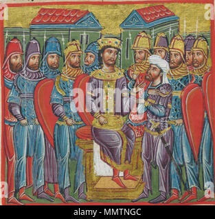 . Anglais : (frontières rognées) xive siècle, manuscrit grec miniature représentant des scènes de la vie d'Alexandre le Grand. Alexander a renforcé ses avant-postes avec plusieurs milliers d'hommes, armés de cuirasses d'or, a commandé le plus fiable de rester et de garde et proclamé Séleucos comme chef de l'armée. Alexander ici est représenté sur le trône, dans le centre de l'illustration, en donnant le commandement à Séleucos qui est montré portant un turban. A gauche et à droite du trône, de nombreux soldats sont représentés portant l'bracca (βράκκα) jupes et d'armures. La scène entière est représenter Banque D'Images