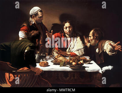 . L'image est dominé par un akwardly Jésus imberbes. Le souper à Emmaüs. Entre 1601 et 1602. Caravaggio-emmaus.750pix Banque D'Images