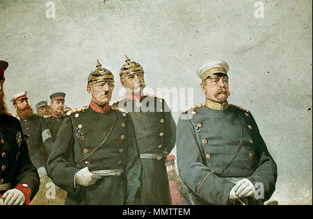 . Le général Reille überbringt König Wilhelm I. auf dem Schlachtfelde von Sedan das Schreiben Kaiser Napoléons. Wandgemälde von Carl Steffeck (1884) für die guinée Ruhmeshalle Berlin. Zerstörung nach Bombentreffer um 1944. Détail mit Moltke, Albrecht von Roon, und Otto von Bismarck . 1884. Carl Steffeck (1818-1890) Noms alternatifs Carl Steffeck allemand Heinrich Constantin Description peintre et enseignant à l'université Date de naissance/Décès 4 Avril 1818 11 juillet 1890 Lieu de naissance/décès Berlin Königsberg (Kaliningrad) période de travail lieu de travail 1837-1890, Berlin Königsberg Authority Banque D'Images