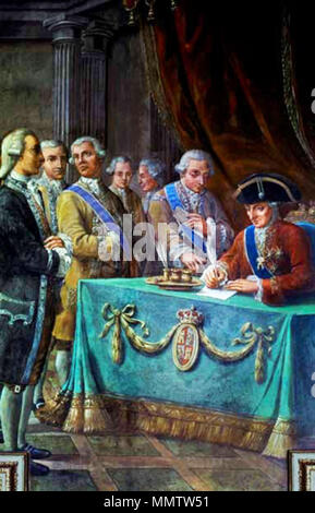 . English : 'Charles III signe le décret de libre-échange avec l'Amérique en 1778', 18e siècle, travail de peintre espagnol Pere Pau Muntanya. Exposé à la délégation du Gouvernement de la Catalogne, Barcelone. Español : 'Carlos III firma el Decreto de libre comercio con América en 1778', obra del siglo XVIII del Pintor español Pere Pau Muntanya. Expuesto en la Delegación de Gobierno en Catalogne, Barcelone. . 8 septembre 2014, 22:47:12. Pere Pau Muntanya (1749-1803) Carlos III firma el Decreto de libre comercio Banque D'Images