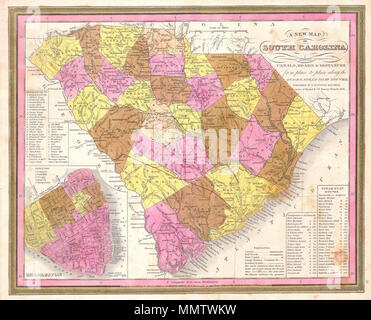 . Anglais : cette main rares carte en couleur est une gravure lithographique de Caroline du Sud datant de 1846 par le légendaire cartographe S.A. Mitchell, l'aîné. Comprend une carte grande échelle de Charleston. Il s'agit d'une rare carte de transition produit par les mystérieux engraver H. N. Burroughs, dont le travail pour la firme Mitchell apparaît dans 1846 entre celle de H.S. Tanner et Mitchell lui-même. Notes Ristow, rien n'est connu à propos de Burroughs, mais il était sans aucun doute un employé ou associé de Mitchell. L'amende et le plan de travail détaillé n'apparaît que dans le difficile de trouver de l'édition 1846 de l'Atlas une Mitchell Banque D'Images