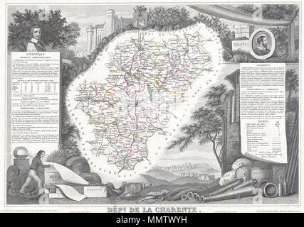 . Anglais : c'est une fascinante 1847 plan du Département de la Charente, France. Cette région est connue pour ses vins fins, de l'agriculture, les spiritueux distillés, et le fromage. La capitale est Angoulême. L'ensemble est entouré par des gravures décoratives destinées à illustrer à la fois la beauté naturelle et les richesses de la terre. Il y a un court-circuit de l'histoire textuelle des régions représentées sur les côtés gauche et droit de la carte. Département de la Charente.. 1847. 1847 Carte Levasseur du Département de la Charente, France - Geographicus - Charente-levassuer-1847 Banque D'Images