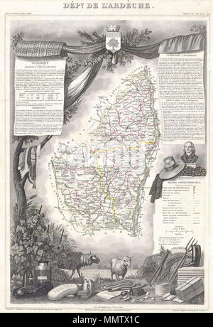 . Anglais : c'est une fascinante 1847 plan du Département de l'Ardèche, France. Cette région est connue pour ses vins fins, de l'agriculture, les spiritueux distillés, et le fromage. Privas est la capitale. L'ensemble est entouré par des gravures décoratives destinées à illustrer à la fois la beauté naturelle et les richesses de la terre. Il y a un court-circuit de l'histoire textuelle des régions représentées sur les côtés gauche et droit de la carte. Département de l'Ardèche.. 1847. Levasseur 1847 Carte du département de l'Ardèche, France - Geographicus - Ardeche-levasseur-1847 Banque D'Images