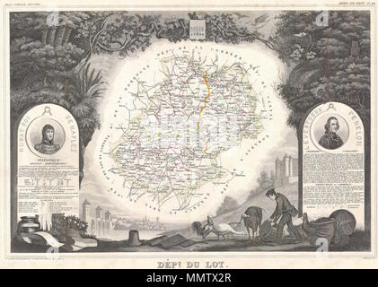 . Anglais : c'est une fascinante 1847 plan du département du Lot, France. Cette région est connue pour son agriculture, de spiritueux, de vins, et de fin de la chasse. La capitale est Cahors. Les vins de Cahors sont excellents rouges riches avec du canard. Cette zone est aussi une étape importante sur le chemin historique de Saint-Jacques, ou l'itinéraire du pèlerinage médiéval de Saint Jacques de Compostelle. L'ensemble est entouré par des gravures décoratives destinées à illustrer à la fois la beauté naturelle et les richesses de la terre. Il y a un court-circuit de l'histoire textuelle des régions représentées sur la gauche et rig Banque D'Images