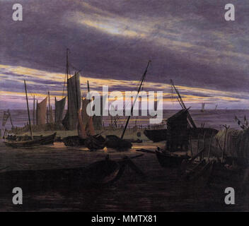 Allemand : Schiffe ï»¿ Untitled im Hafen am Abend Bateaux dans le port le soir. circa 1828. Caspar David Friedrich - Bateaux dans le port de soir - WGA08282 Banque D'Images