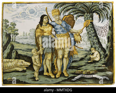 . L'Amérique, à partir d'un ensemble avec les quatre continents, Castelli, mailoica 24 x 32 cm. vers 1740. Castelli inconnu maiolica Continents Amérique Latine Banque D'Images