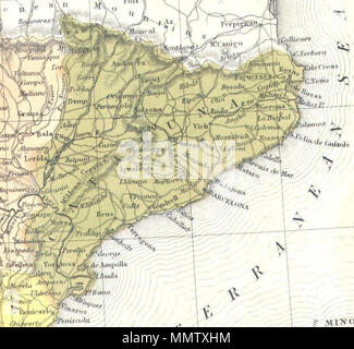 . English : main cette carte en couleur est une plaque de cuivre gravure, datant de 1850, par le célèbre cartographe américain S. A. Mitchell, l'aîné. Il représente l'Espagne et le Portugal. Comprend les Îles Baléares d'Ibiza, Majorque, Minorque et. Quadrant inférieur droit dispose de carte grande échelle des environs de Madrid. Préparé par H.N. Burroughs pour l'édition 1850 de Mitchell's New Atlas général . Datée et protégé par copyright : saisi conformément à la loi du Congrès de l'année 1846 par H.N. Burroughs, dans le bureau du greffier de la Cour de district du District Est de la Pennsylvanie. L'Espagne et le Portugal.. 1850. Catalogne Banque D'Images