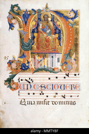 . Dans un premier folio 35v N sur les scènes St Peter Enthroned et la libération de Saint Pierre sont représentés. Dans la moitié supérieure de la première St Peter est intronisé sur un faldstool à tête de lion, avec deux anges soutenant un drap d'honneur derrière lui. Au-dessous de l'estrade du trône est une scène de l'ange menant Peter par la main hors de prison. Anglais : Antiphonary (Folio 35v) . 1370s. Cenni Di Francesco Di Ser Cenni - Antiphonary (Folio 35v) - WGA04646 Banque D'Images