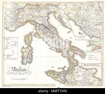 . Anglais : Cette fascinante colorié à la main carte illustre l'Italie et la Sardaigne. Il y a des encarts détaillés des églises romanes, de la proximité de Rome, de la proximité de Naples et la côte amalfitaine, et de l'Italie centrale. Publié dans l'édition 1850 de Karl von Spruner's Atlas Histor. Senneur nach Italien Kirchlichen. Eintheilung. 1850. Justus Perthes 1850 Carte de l'Italie - Italie - Geographicus-perthes-50 Banque D'Images