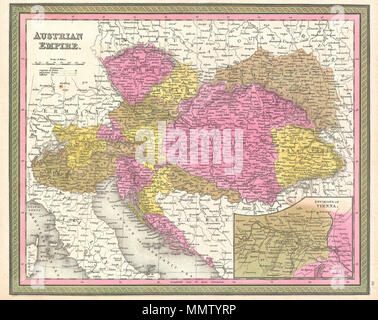 . Anglais : Un très joli exemple de S. A. S. Mitchell's 1850 Carte de l'Empire autrichien. Inclut beaucoup d'aujourd'hui l'Autriche, la Hongrie, la Roumanie, l'Albanie, la Serbie et la Croatie. Représente l'ensemble du pays un code de couleur en fonction de différents états. Quadrant inférieur droit possède une carte grande échelle des environs de Vienne. Entouré par la frontière verte commune à Mitchell des cartes à partir des années 1850. Préparé par S. A. Mitchell pour publié sous la planche no 56 dans l'édition 1850 de son nouvel Atlas universel . L'Empire autrichien.. 1850 (sans date). 1850 Mitchell Site de l'Autriche, la Hongrie et la Transylvanie - Geographicu Banque D'Images