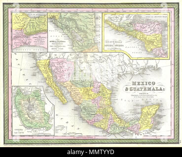 . Anglais : cette main rares carte en couleur est une gravure lithographique du Mexique. Couvre à peu près le territoire de l'actuelle du Mexique et au Texas. Des cartons intérieurs représentent la vallée de Mexico, aujourd'hui Mexico et Estado de Mexico (Mexique). Cartes intercalaires le long de la frontière supérieure représentent l'Isthme de Tehuantepec, l'isthme du Nicaragua et du Guatemala. L'ensemble est à la fois politique et montre les caractéristiques géologiques et est rendue dans la jolie pastels typique des années 1850, Mitchell / Cowperthwait de cartes. En date du et protégé par copyright 1850. Mexique & Guatemala.. 1850. Mitchell 1850 Carte du Mexique ^ - Texas - Geographicus Banque D'Images