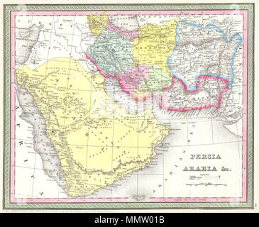 . Anglais : Cette belle main carte en couleur est une gravure lithographique de persan et d'Arabie, datant de 1850, par le légendaire site editeur S.A. Mitchell, l'aîné. Comprend ce qui est aujourd'hui l'Arabie Saoudite, Israël, Syrie, Jordanie, Iran, Iraq et l'Afghanistan. De nombreuses caractéristiques fascinantes comme desert oasis, des routes caravanières, et des camps, ainsi que les deux partis politiques et l'information géographique. Datée et protégé par copyright : "1850 par Thomas Cowperthwait & Co. dans le bureau du greffier de la Cour de district du District Est de Pennsylvanie.". La Perse, l'Arabie et l'Afghanistan.. 1850. 1850 Mitchell Ma Banque D'Images