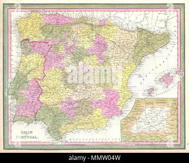 . English : main cette carte en couleur est une plaque de cuivre gravure, datant de 1850, par le célèbre cartographe américain S. A. Mitchell, l'aîné. Il représente l'Espagne et le Portugal. Comprend les Îles Baléares d'Ibiza, Majorque, Minorque et. Quadrant inférieur droit dispose de carte grande échelle des environs de Madrid. Préparé par H.N. Burroughs pour l'édition 1850 de Mitchell's New Atlas général . Datée et protégé par copyright : saisi conformément à la loi du Congrès de l'année 1846 par H.N. Burroughs, dans le bureau du greffier de la Cour de district du District Est de la Pennsylvanie. L'Espagne et le Portugal.. 1850. 1850 Mitc Banque D'Images