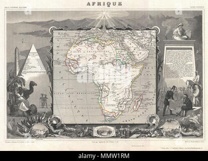 . Anglais : un bel exemple de C. Levasseur décoratif souhaitables de l'carte de l'Afrique, en date du 1852. Montre l'ensemble du continent en fonction de la perception de l'époque. Une grande partie de l'intérieur est vague et non attribué, à l'exception du nord de la vallée du Nil, les colonies françaises au Sénégal, Gambie, et l'Algérie, et des colonies de l'anglais et néerlandais en Afrique du Sud. Offre une cartographie semi-exacte du Niger, ce qui est inhabituel pour la période. Identifie correctement le Lac Tchad. L'ensemble est entouré par des gravures décoratives destinées à illustrer à la fois la beauté naturelle et la richesse du commerce de Banque D'Images