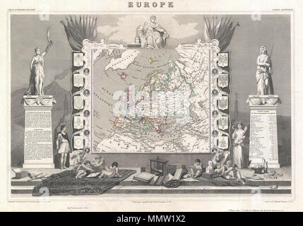 . Anglais : un bel exemple de C. Levasseur décoratif souhaitables de l'carte d'Europe, en date du 1852. Montre l'ensemble du continent en fonction de la situation politique de l'époque. L'ensemble est entouré par des gravures décoratives destinées à illustrer le patrimoine culturel du continent. Montre l'armorial blasons de France, Angleterre, Espagne, Italie, Suisse, la Russie, la Prusse, l'Allemagne, la Suède et la Turquie. Il y a un court-circuit de l'histoire textuelle de la région représentées sur les côtés gauche et droit de la carte. Publié par C. Levasseur dans l'édition 1852 de son Atlas National de la France Illustree. Eur Banque D'Images