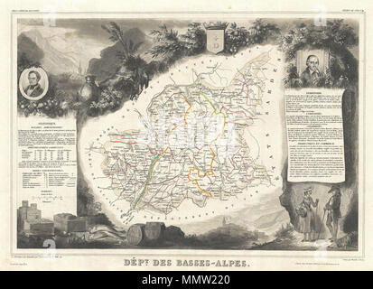 . Anglais : c'est une fascinante 1857 site du département français des Basses-Alpes, France. L'ensemble est entouré par des gravures décoratives destinées à illustrer à la fois la beauté naturelle et les richesses de la terre. Il y a un court-circuit de l'histoire textuelle des régions représentées sur les côtés gauche et droit de la carte. Publié par C. Levasseur dans l'édition 1852 de son Atlas National de la France Illustree. Dept. des Basse-Alpes.. 1852 (sans date). 1852 Carte Levasseur du département des Basses-Alpes, France ( Coteaux et Collines rhodaniennes Région - Geographicus - BassesAlpes-levas Banque D'Images