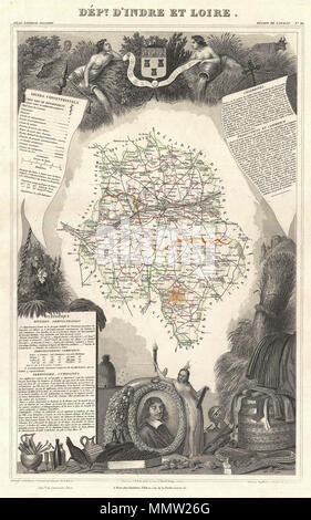 . Anglais : c'est une fascinante 1852 site du département français de l'Indre et Loire. La France. Cette région est connue pour sa production de Chenin blanc, un cépage blanc avec une forte acidité, et grande variété de fromages de chèvre. L'ensemble est entouré par des gravures décoratives destinées à illustrer à la fois la beauté naturelle et les richesses de la terre. Il y a un court-circuit de l'histoire textuelle des régions représentées sur les côtés gauche et droit de la carte. Publié par C. Levasseur dans l'édition 1852 de son Atlas National de la France Illustree. Département d'Indre et Loire.. 1852 (sans date). 18 Banque D'Images