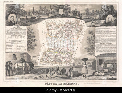 . Anglais : c'est une fascinante 1852 site du département français de la Mayenne, France. Cette région fait partie de la vallée de la Loire région viticole. Le site propre est entouré par des gravures décoratives destinées à illustrer à la fois la beauté naturelle et les richesses de la terre. Il y a un court-circuit de l'histoire textuelle des régions représentées sur les côtés gauche et droit de la carte. Publié par C. Levasseur dans l'édition 1852 de son Atlas National de la France Illustree. Département de la Mayenne.. 1852 (sans date). 1852 Carte Levasseur du Département de la Mayenne, France - Mayenne - Geographicus-l Banque D'Images