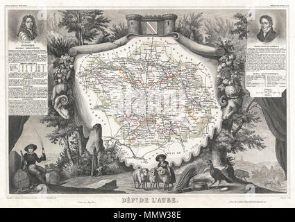 . Anglais : c'est une fascinante 1857 site du département français de l'Aube, France. Cette zone de la France est connue pour sa production de Chaource, un fromage doux et salé. L'Aube est une partie de la Champagne. L'ensemble est entouré par des gravures décoratives destinées à illustrer à la fois la beauté naturelle et les richesses de la terre. Il y a un court-circuit de l'histoire textuelle des régions représentées sur les côtés gauche et droit de la carte. Publié par C. Levasseur dans l'édition 1852 de son Atlas National de la France Illustree. Département de l'Aube.. 1852 (sans date). 1852 Carte Levasseur Banque D'Images