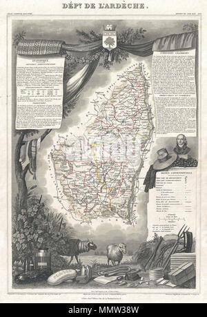 . Anglais : c'est une fascinante 1857 site du département français de l'Ardèche, France. Cette zone de la France est connu pour ses superbes paysages, amazing, kayak et ruines néolithiques. L'ensemble est entouré par des gravures décoratives destinées à illustrer à la fois la beauté naturelle et les richesses de la terre. Il y a un court-circuit de l'histoire textuelle des régions représentées sur les côtés gauche et droit de la carte. Publié par C. Levasseur dans l'édition 1852 de son Atlas National de la France Illustree. Département de l'Ardèche.. 1852 (sans date). 1852 Carte Levasseur du Département de l'Ardèche Banque D'Images