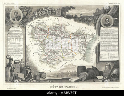 . Anglais : c'est une fascinante 1857 site du département français de l'Aude, France. Cette région de France est célèbre pour sa grande variété de vignobles et la production de vin. Dans l'Est sont les vins de Corbières et de la Clape, dans le centre sont le Minervois et les Côtes de Malpeyre et dans le sud, Blanquette de Limoux. L'ensemble est entouré par des gravures décoratives destinées à illustrer à la fois la beauté naturelle et les richesses de la terre. Il y a un court-circuit de l'histoire textuelle des régions représentées sur les côtés gauche et droit de la carte. Publié par C. Levasseur dans l'édition 1852 Banque D'Images