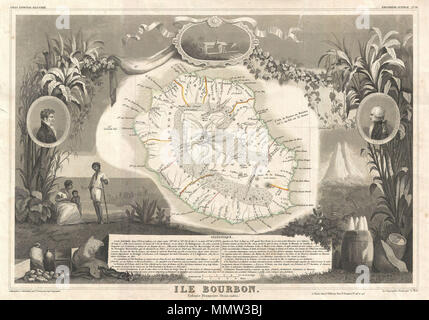 . Anglais : c'est une fascinante 1857 site du département français de l'Ile. De Bourbon ou de la réunion. Bourbon, ou la réunion, est une île volcanique au large de la côte de l'Afrique. C'est l'une des rares colonies dans l'Océan Indien. La réunion est connue pour sa beauté naturelle saisissante et de merveilleuses plages. L'ensemble est entouré par des gravures décoratives destinées à illustrer à la fois la beauté naturelle et les richesses de la terre. Il y a un court-circuit de l'histoire textuelle des régions représentées sur les côtés gauche et droit de la carte. Publié par C. Levasseur dans l'édition 1852 de son Atlas Banque D'Images