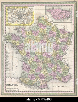 . Anglais : Un joli exemple de S. A. S. Mitchell's 1853 Carte de l'Europe. Représente l'ensemble du pays un code de couleur selon les différents départements. Cartes intercalaires dans les quadrants supérieurs gauche et droit Détail des environs de Paris et la Corse. Entouré par la frontière verte commune à Mitchell des cartes à partir des années 1850. Préparé par S. A. Mitchell pour publié sous la planche no 49 dans l'édition 1853 de son nouvel Atlas universel . Datée et protégé par copyright, "entré en fonction d'une loi du Congrès, dans l'année 1850, par Thomas Cowperthwait & Co., dans le bureau des greffiers du tribunal de district du District Est de P Banque D'Images