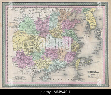 . Anglais : Un très joli exemple de S. A. S. Mitchell's 1853 carte de Chine. Couvre de Tartarie chinoise de Hainan au sud et à l'est vers la Corée et Formose. Les provinces chinoises ont des codes de couleur et numérotés. Entouré par la frontière verte commune à Mitchell des cartes à partir des années 1850. Préparé par S. A. Mitchell pour publié sous la planche no 70 dans l'édition 1853 de son nouvel Atlas universel . Datée et protégé par copyright, "entré en fonction d'une loi du Congrès, dans l'année 1850, par Thomas Cowperthwait & Co., dans le bureau du commis à la cour de district du District Est de la Pennsylvanie. La Chine.. 1850 (daté). Banque D'Images