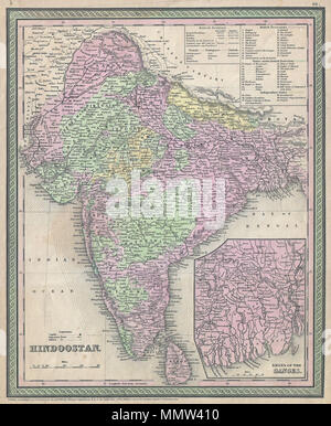 . Anglais : Un très joli exemple de S. A. S. Mitchell's 1853 Carte de l'Inde. Couvre le sous-continent dans beaucoup de détail. Principautés et possessions britanniques ont des codes de couleur. Un encart dans le quadrant inférieur droit de détails le delta du Gange. Entouré par la frontière verte commune à Mitchell des cartes à partir des années 1850. Préparé par S. A. Mitchell pour publié sous la planche no 69 dans l'édition 1853 de son nouvel Atlas universel . Datée et protégé par copyright, "entré en fonction d'une loi du Congrès, dans l'année 1850, par Thomas Cowperthwait & Co., dans le bureau des greffiers du tribunal de district Banque D'Images