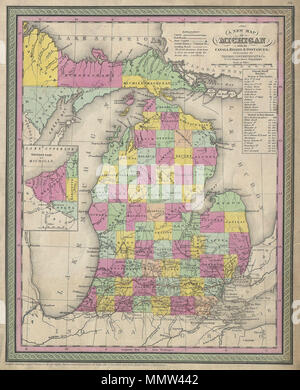 . Anglais : Un très joli exemple de S. A. S. Mitchell's 1853 site du Michigan. Représente la totalité de l'état des codes de couleur selon les comtés. Empiècement sur le côté droit de la carte de détails la partie occidentale de la Péninsule Supérieure. Affiche les canaux et les routes avec des notes concernant steamboat et overland kilométrage. Entouré par la frontière verte commune à Mitchell des cartes à partir des années 1850. Préparé par S. A. Mitchell pour publié sous la planche no 30 dans l'édition 1853 de son nouvel Atlas universel . Datée et protégé par copyright, "entré en fonction d'une loi du Congrès, dans l'année 1850, par Thomas Cow Banque D'Images