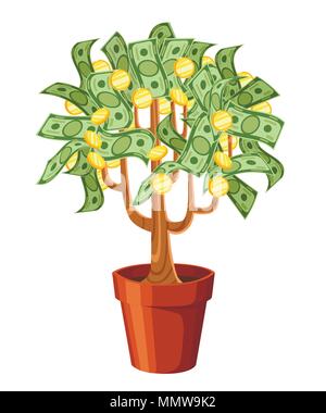 Arbre d'argent. Billets de trésorerie vert avec des pièces d'or. Arbre dans un pot en céramique. Vector illustration isolé sur fond blanc. La page du site Web et mobile Illustration de Vecteur