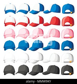 Casquette de baseball. Collection de différents bouchons. Bleu, blanc, rose et rouge. Chapeaux d'été pour les enfants et les adultes. Cartoon style design. Illustra vecteur Illustration de Vecteur