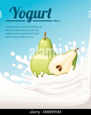 Yogourt aromatisé poire. Éclaboussures de lait et de poire. Relations sérieuses in yogourt style plat. Vector illustration sur fond bleu clair. Place pour votre texte. Illustration de Vecteur