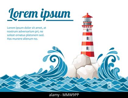 Mer agitée avec le phare sur l'île de pierres de roche. Nature ou conception navale. Style plat. Vector illustration sur fond blanc avec place pour votre tex Illustration de Vecteur