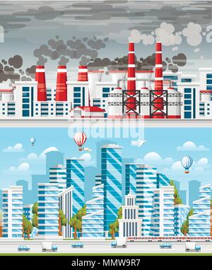 Les usines de tuyaux de fumée. Problème de la pollution de l'environnement. Usine de la terre polluer avec du gaz. Ville moderne avec un ciel clair. Concept de choix. Deux Illustration de Vecteur