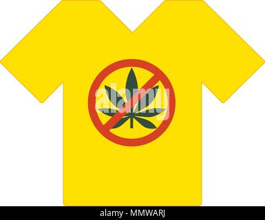 T-shirt jaune. Pas de médicaments autorisés. Avec des feuilles de marijuana signe interdit - pas de médicament. Dans l'icône de drogues interdiction cercle rouge. Les médicaments. T-shirt modèle. T- Illustration de Vecteur