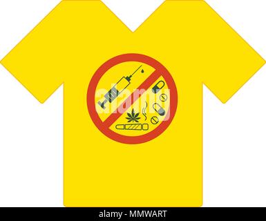 Tee shirt jaune. Pas de médicaments autorisés. La drogue, la marijuana avec des feuilles signe interdit - pas de médicament. Dans l'icône de drogues interdiction cercle rouge. Les médicaments. Il suffit de dire non Illustration de Vecteur