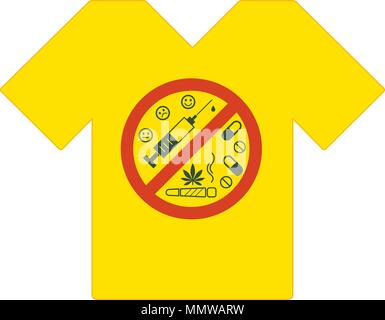 Tee shirt jaune. Pas de médicaments autorisés. La drogue, la marijuana avec des feuilles signe interdit - pas de médicament. Dans l'icône de drogues interdiction cercle rouge. Les médicaments. Il suffit de dire non Illustration de Vecteur