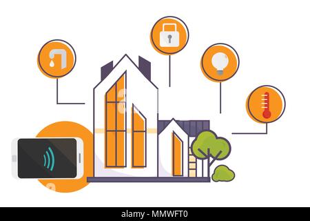 Vector illustration pour la technologie domotique matériaux. Maison avec une technologie à puce sans fil, le thermostat et les icônes de sécurité. Concept de l'innovation pour l'Internet des objets et la domotique Home Automation. Illustration de Vecteur