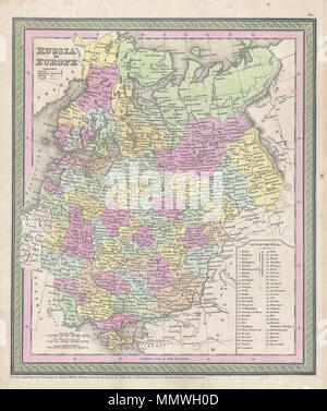 . Anglais : Un joli exemple de S. A. S. Mitchell's 1853 Carte de la Russie en Europe. Comprend les parties de la Russie européenne ainsi que la Finlande, l'Ukraine, la Lettonie, la Lituanie et l'Estonie. Représente l'ensemble du pays un code de couleur selon les régions. Entouré par la frontière verte commune à Mitchell des cartes à partir des années 1850. Préparé par S. A. Mitchell pour publié sous la planche no 55 dans l'édition 1853 de son nouvel Atlas universel . Datée et protégé par copyright, "entré en fonction d'une loi du Congrès, dans l'année 1850, par Thomas Cowperthwait & Co., dans le bureau des greffiers du tribunal de district de la F Banque D'Images