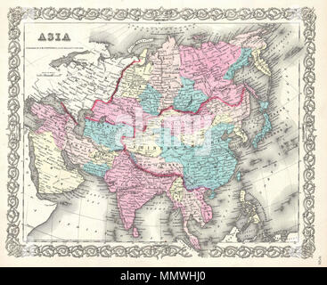 . Anglais : Une belle première édition 1855 Exemple de Colton's Carte de l'Asie. Couvre de la Méditerranée à la Sibérie et de l'Arctique à Singapour. Des codes de couleur selon les régions. Comprend le Tibet, Corée et Ladak dans à l'intérieur des frontières de l'Empire chinois. Identifie la Grande muraille et le Grand Canal en Chine. Taïwan ou Formosa est mappé vaguement, représentant la mauvaise connaissance de la région avant l'invasion japonaise et les travaux d'enquête en 1895. L'Afghanistan est divisé en Cabool et la province sud de Beloochistan (Baloutchistan). Tout au long, Colton identifie vario Banque D'Images