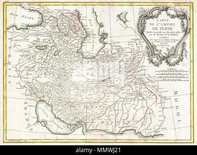 . Anglais : un bel exemple de Rigobert Bonne's 1771 carte décorative de la Perse. Capots de la Mer Noire au sud vers le golfe Persique et la mer Caspienne à l'est sa à la vallée de l'Indus. Comprend les nations modernes d'Iran, Iraq, Koweït, Afghanistan, Géorgie, Arménie, Azerbaïdjan, avec les parties adjacentes de la Turquie, l'Arabie Saoudite et le Pakistan. De nombreux noms de zones tribales, les villages, les villes, les déserts, les routes caravanières, et les systèmes hydrographiques. Un grand cartouche de titre décoratif guirlandes de roulement s'affiche dans le coin supérieur droit de stationnement. Une belle carte de la région. Dessiné par R. Bonne en 1771 pour cause comme plat Banque D'Images